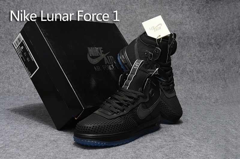 New Nike Lunar Force 1 High 3M Laser All Black Blue Sole